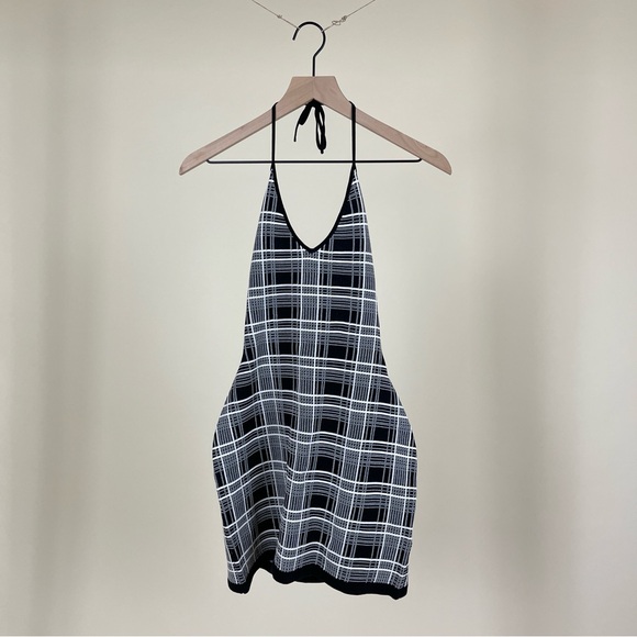 NAGNATA Vena Halter Dress in Black White Check Plaid Knit Organic Cotton Stretch